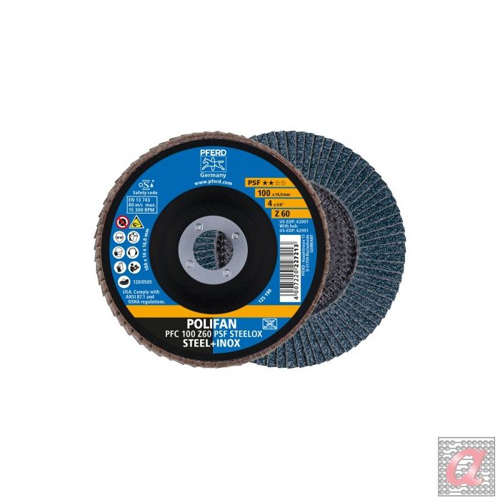 Disco de láminas lijadoras POLIFAN PFC 100x16 mm cónico Z60 línea universal PSF STEELOX acero/acero inoxidable