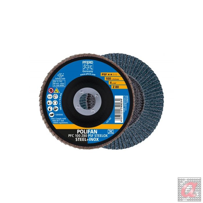 Disco de láminas lijadoras POLIFAN PFC 100x16 mm cónico Z80 línea universal PSF STEELOX acero/acero inoxidable