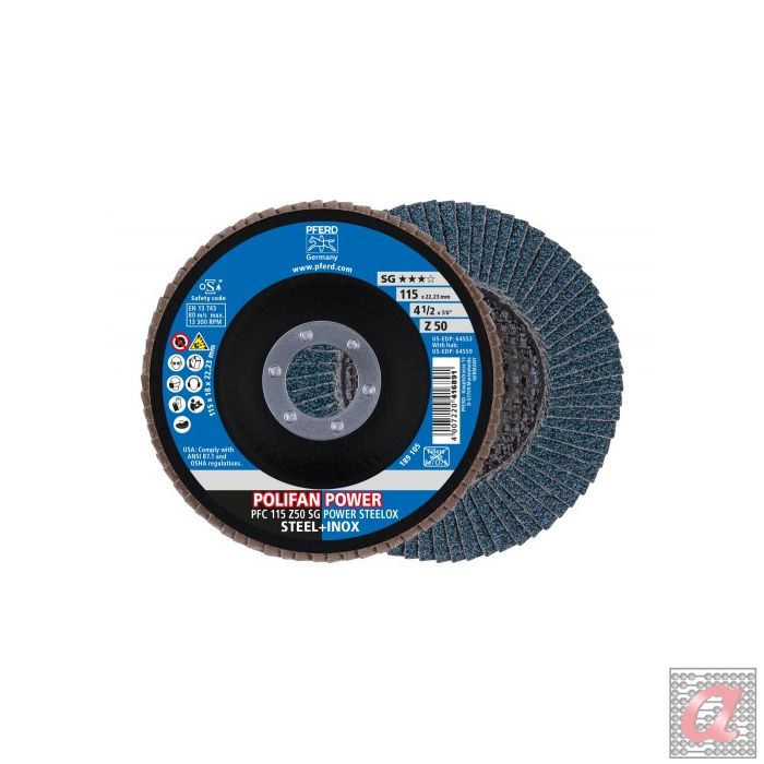 Disco de láminas lijadoras POLIFAN POWER PFC 115x22,23 mm cónico Z50, línea rendimiento SG STEELOX para acero/acero inoxidable