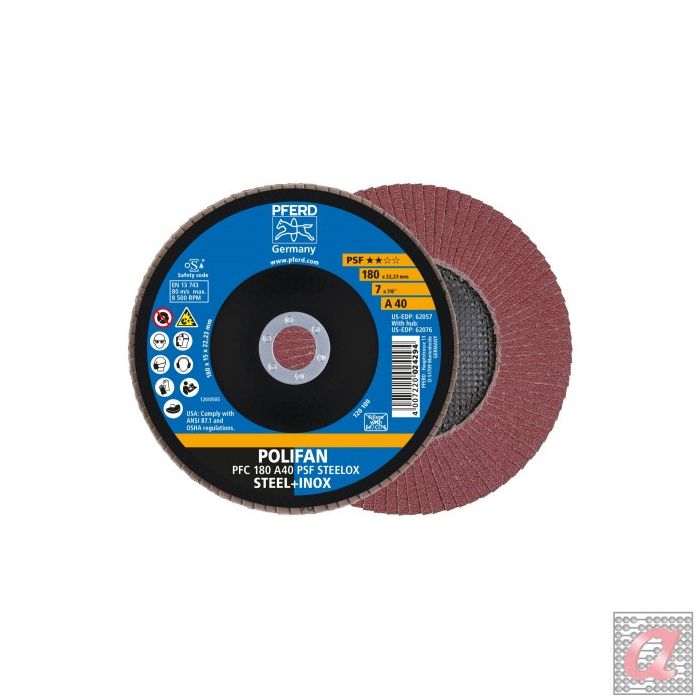 Disco de láminas lijadoras POLIFAN PFC 180x22,23 mm cónico A40 línea universal PSF STEELOX acero/acero inoxidable