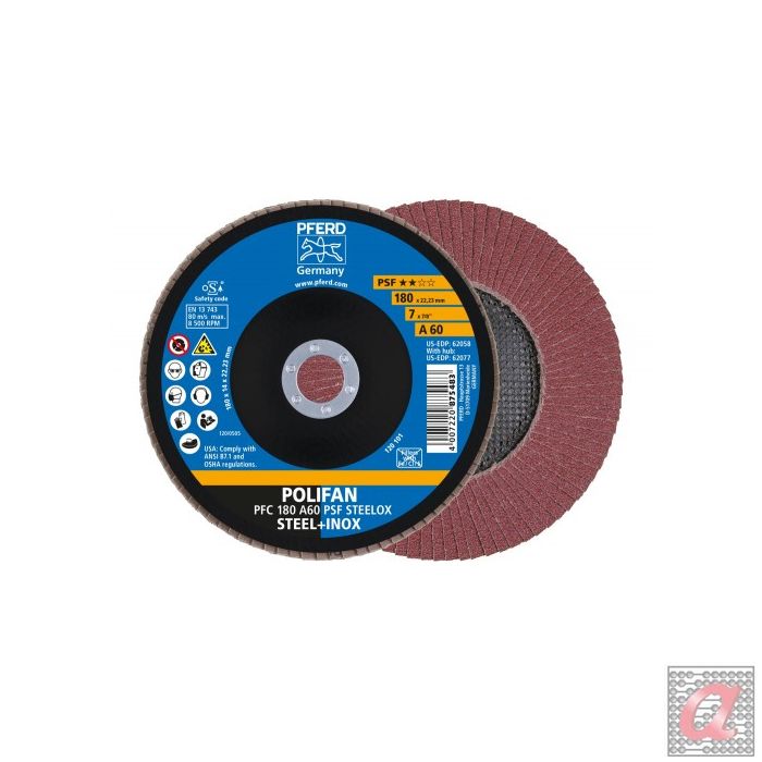 Disco de láminas lijadoras POLIFAN PFC 180x22,23 mm cónico A60 línea universal PSF STEELOX acero/acero inoxidable