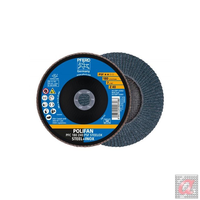 Disco de láminas lijadoras POLIFAN PFC 180x22,23 mm cónico Z40 línea universal PSF STEELOX acero/acero inoxidable