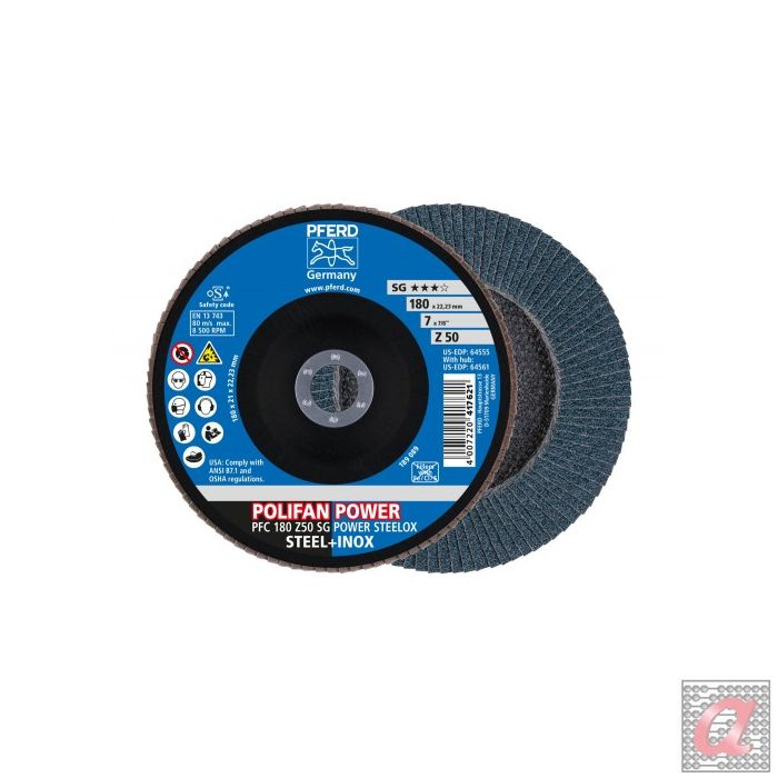 Disco de láminas lijadoras POLIFAN POWER PFC 180x22,23 mm cónico Z50, línea rendimiento SG STEELOX para acero/acero inoxidable