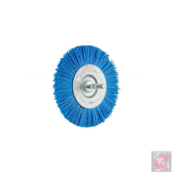 Carda redonda, sin trenzar RBU Ø 100 mm, mango Ø 6 mm, filamento BLUE Ø 1,10 mm, grano 180, taladros